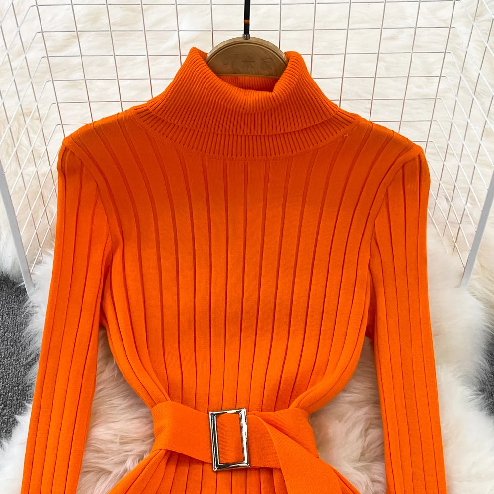 Belted Ribbed Turtleneck Knit Maxi Dress