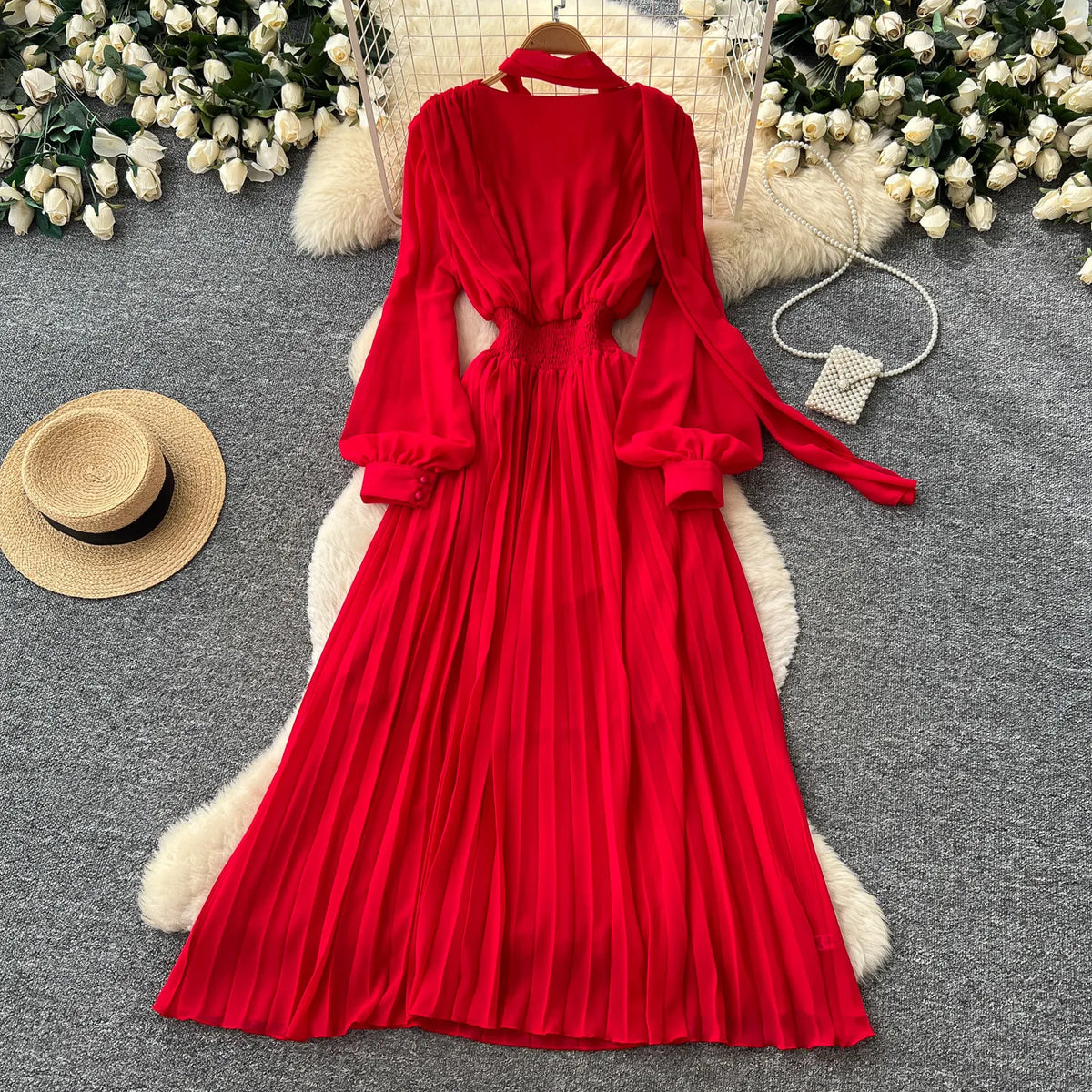 Ribbon Puff Sleeve A-Line Maxi Dress