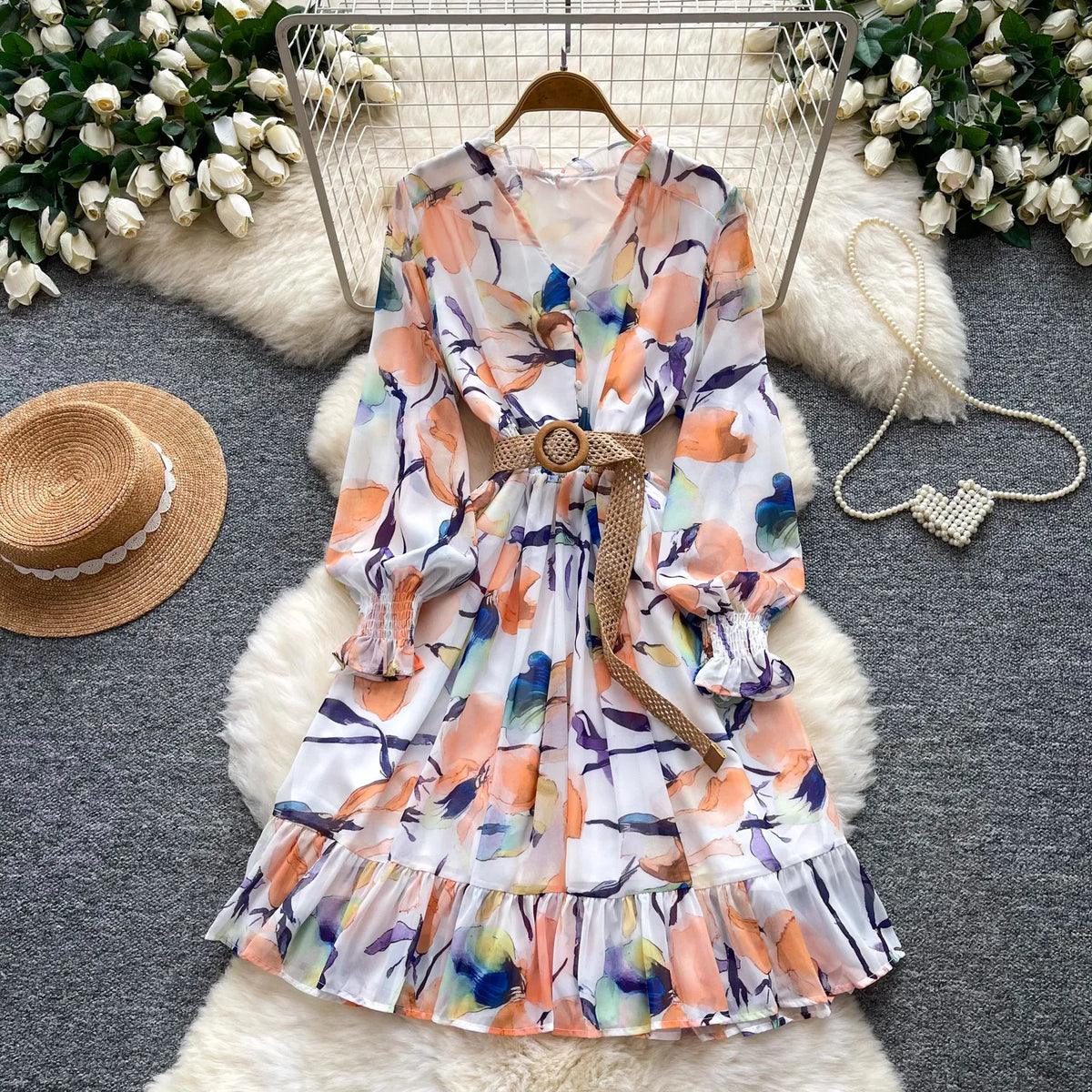 Print Chiffon Lantern Sleeve Midi Dress