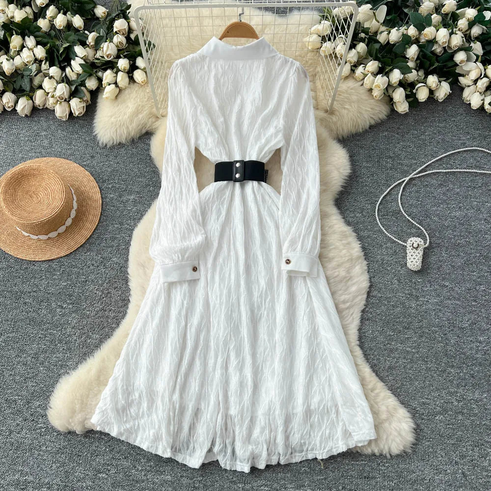Solid Single Breasted Long Sleeve Dress