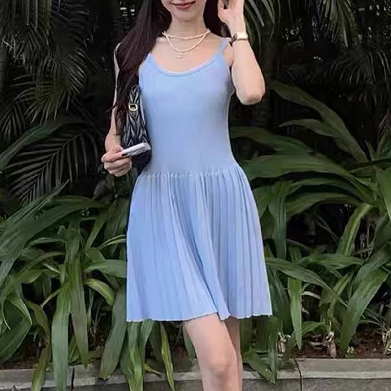 Pleated Knit Spaghetti Strap Mini Dress