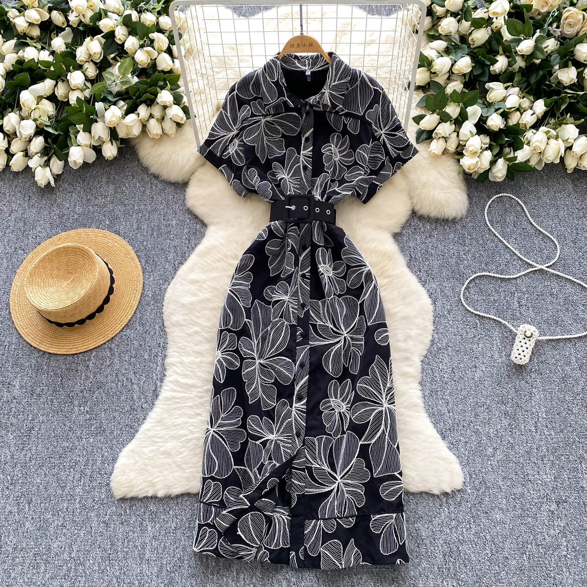 Polo Collar Print Short Sleeve Dress