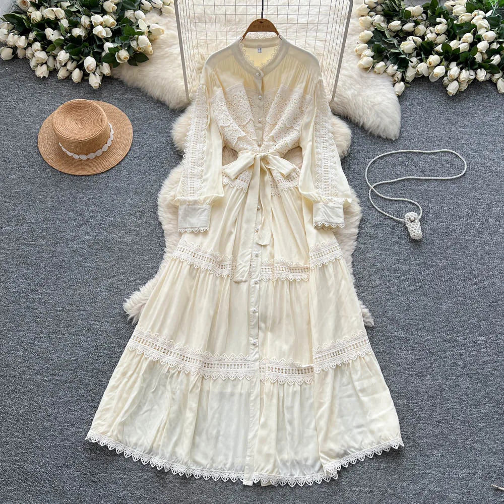 Crochet Cutout Button Long Dress