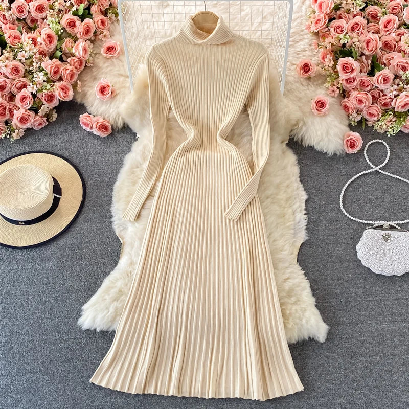 Turtleneck Knit A-Line Sweater Dress