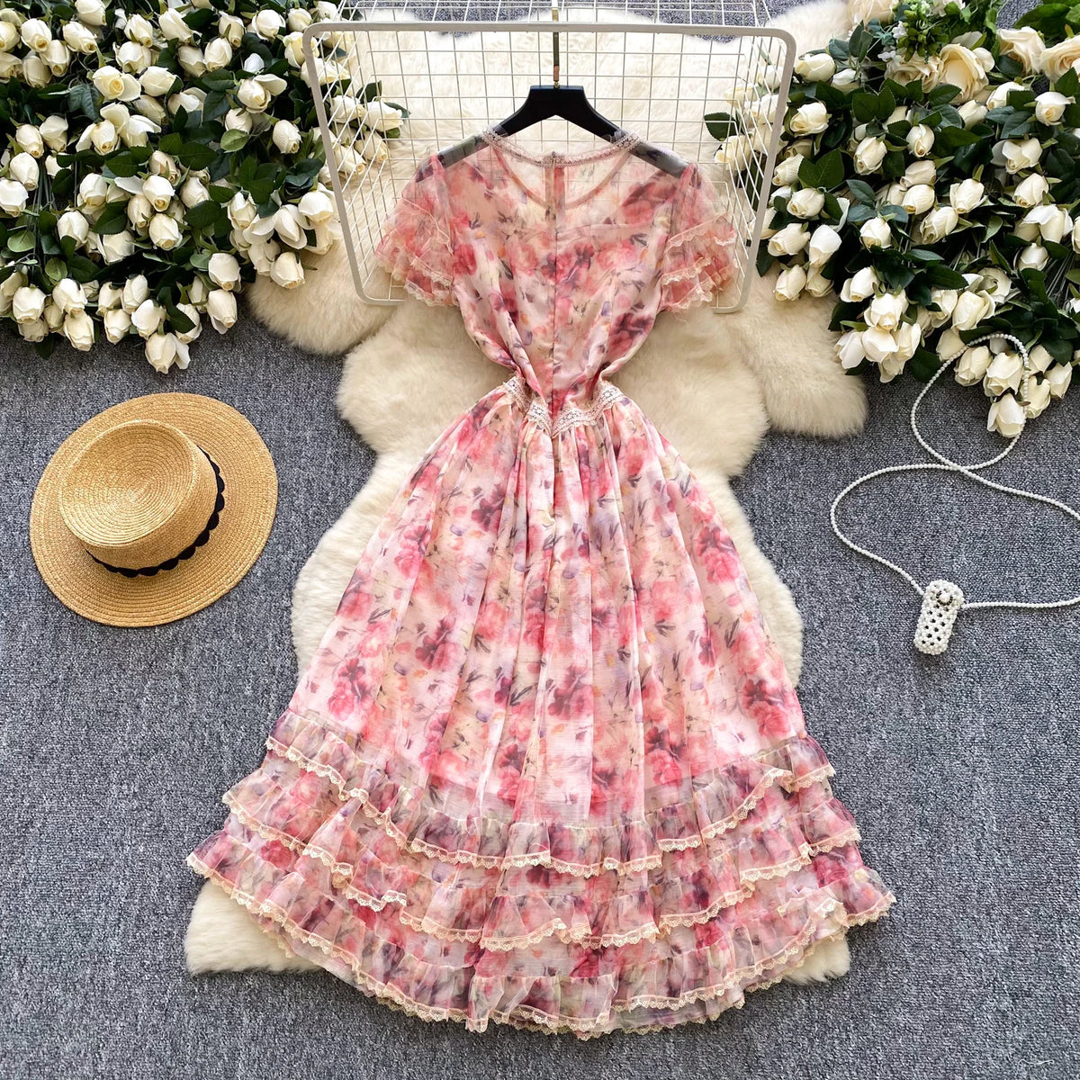Mesh Lace Print Short Sleeve Dress