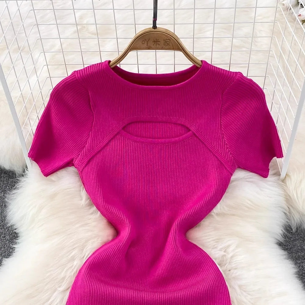 Cutout Chest Split Knit Mini Dress