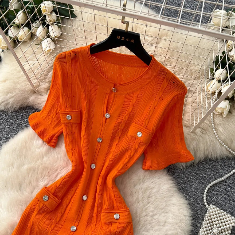 Button Split Knit A-Line Maxi Dress