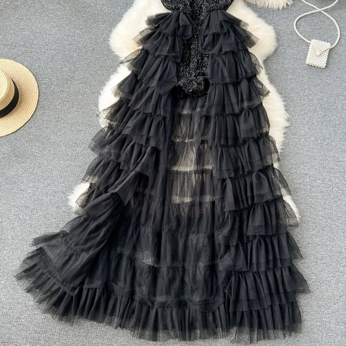 French Mesh Patchwork Off-Shoulder A-Line Dress