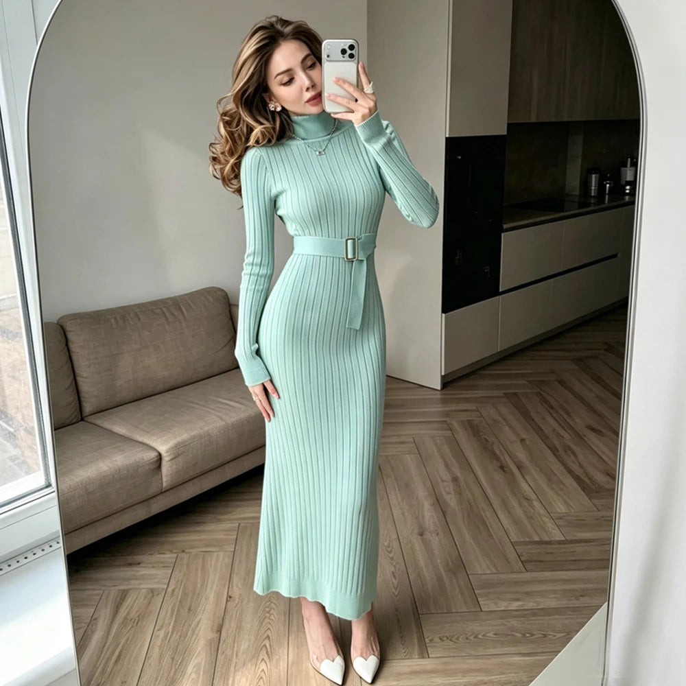 Belted Turtleneck Long Sleeve Maxi Sweater Dress