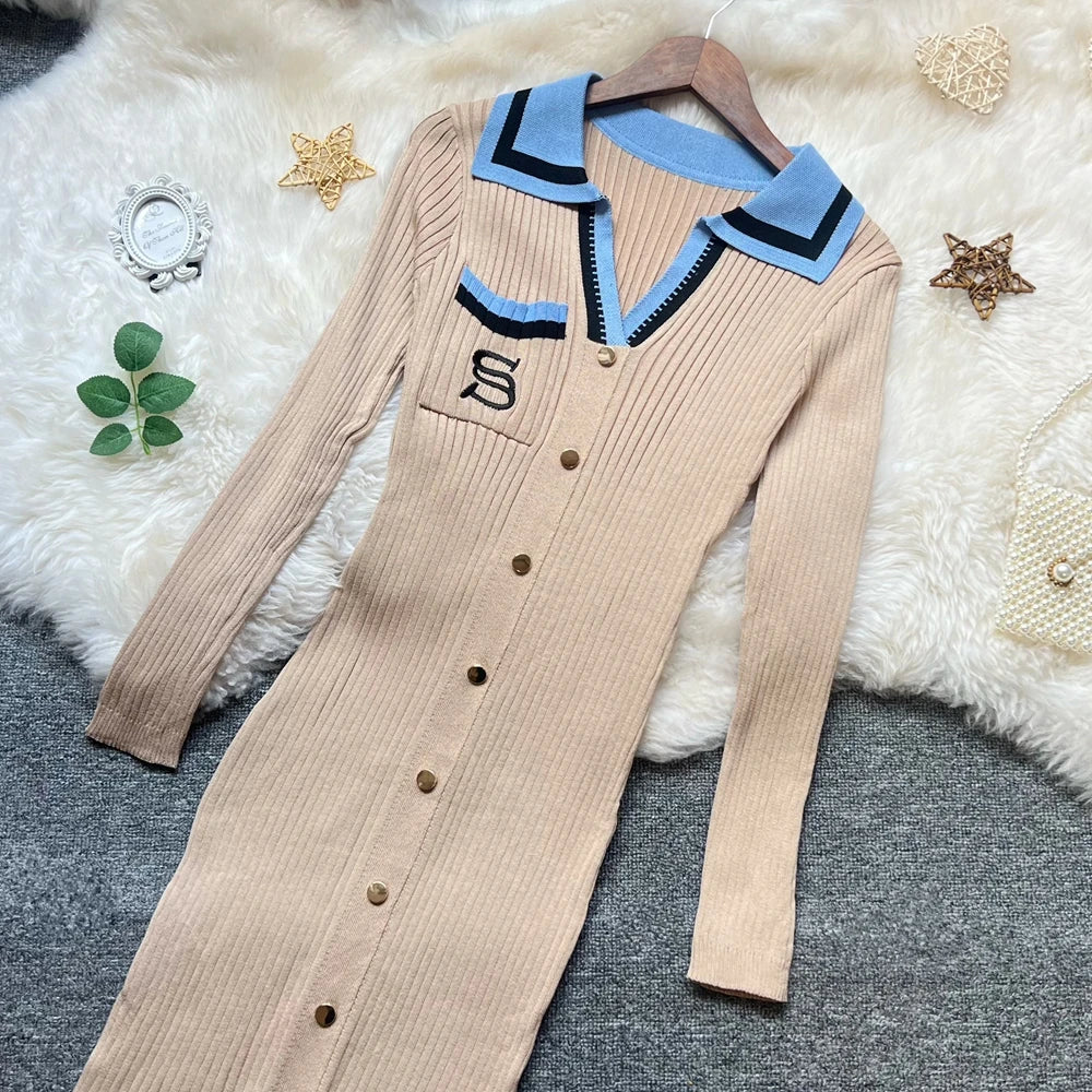 Embroidered Long Sleeve Knit Maxi Sweater Dress