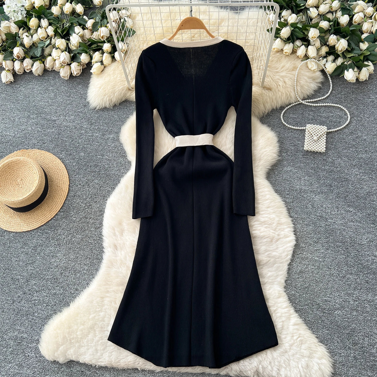Patchwork Knit Long Sleeve Pencil Dress
