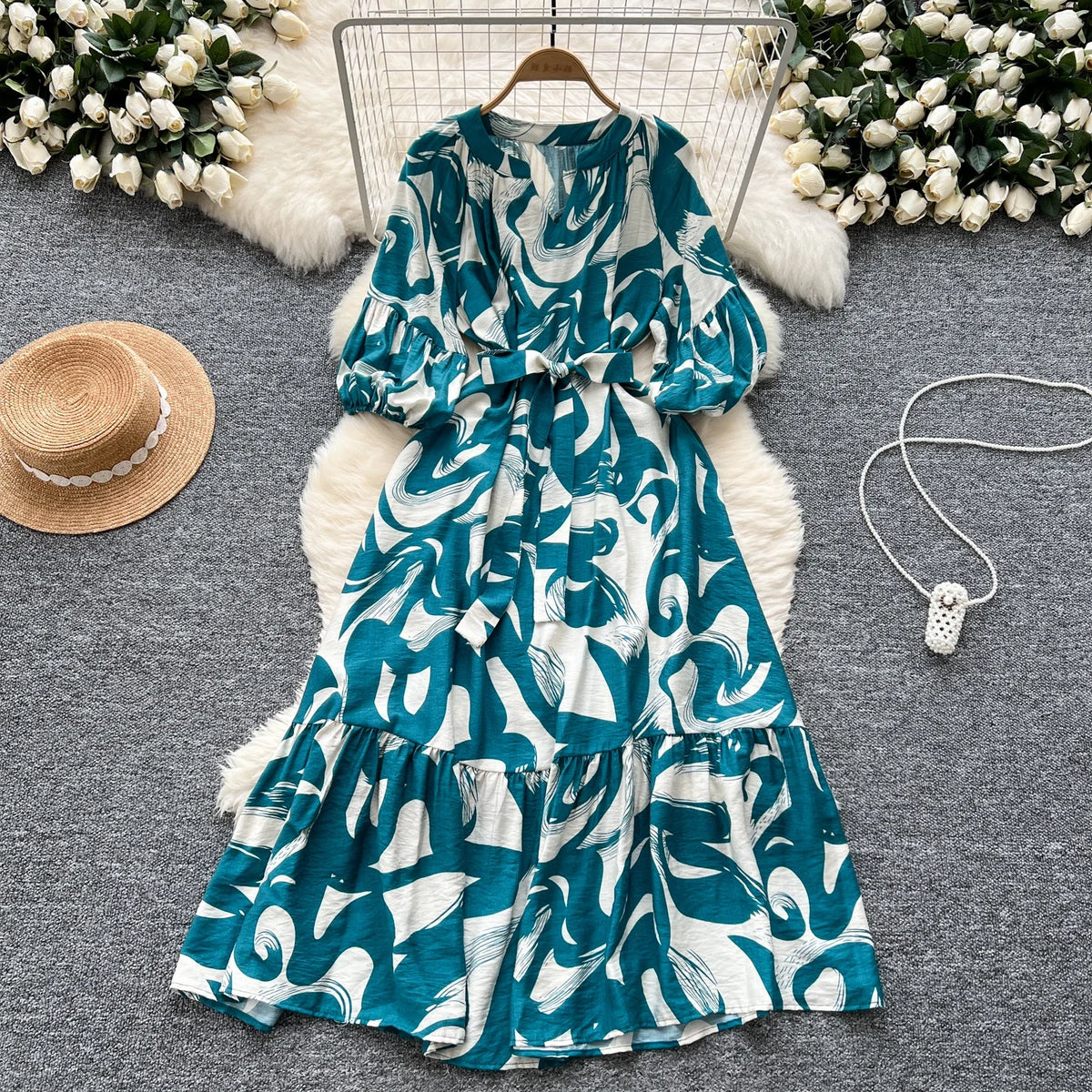 Print V-Neck Lantern Sleeve A-Line Maxi Dress