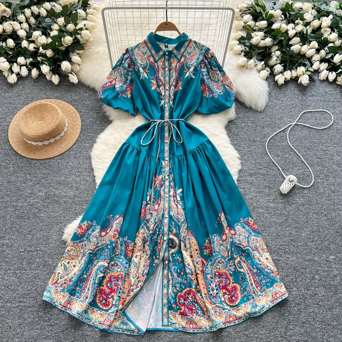 Boho Print Ruched Puff Sleeve Dress