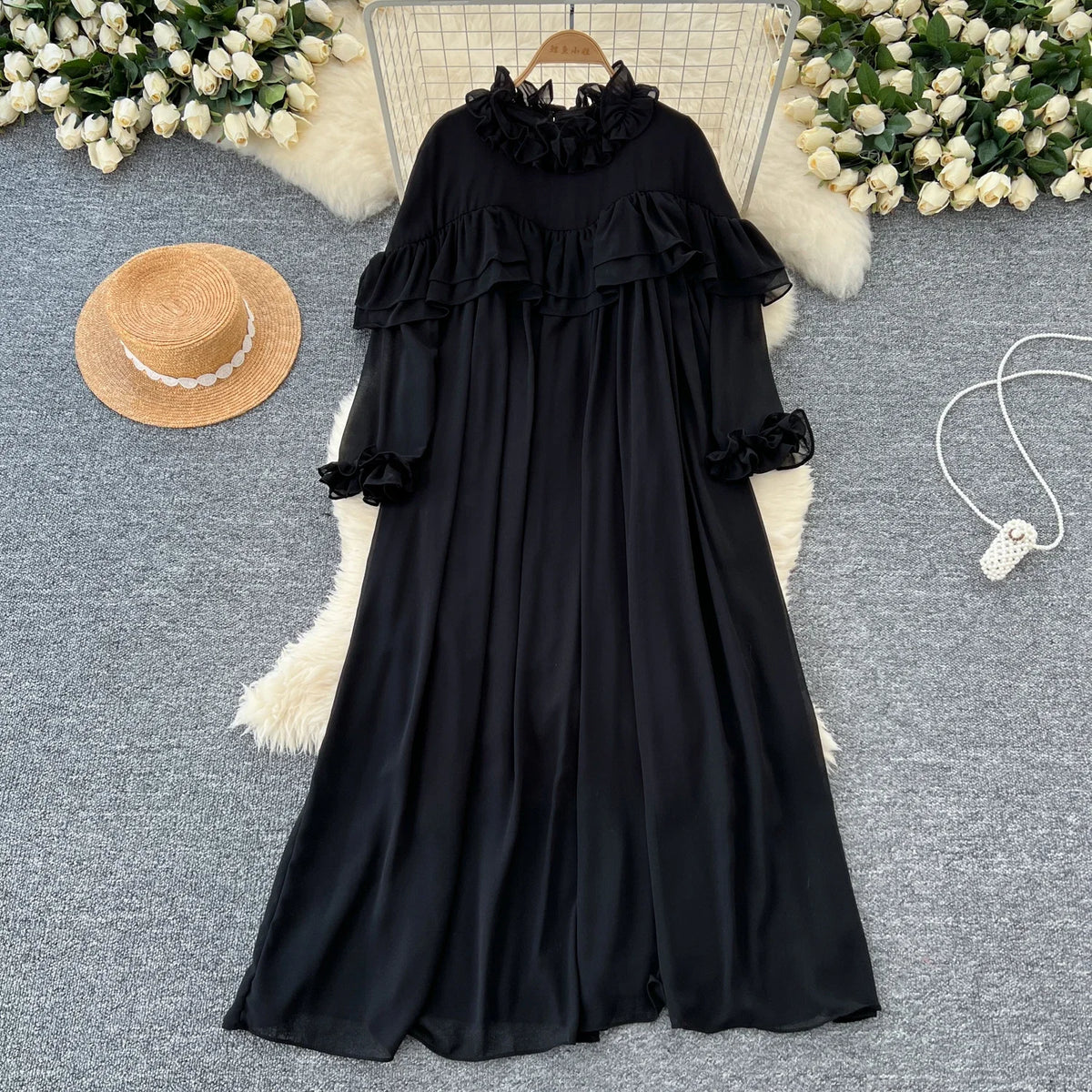 Pleated Chiffon Long Sleeve A-Line Dress