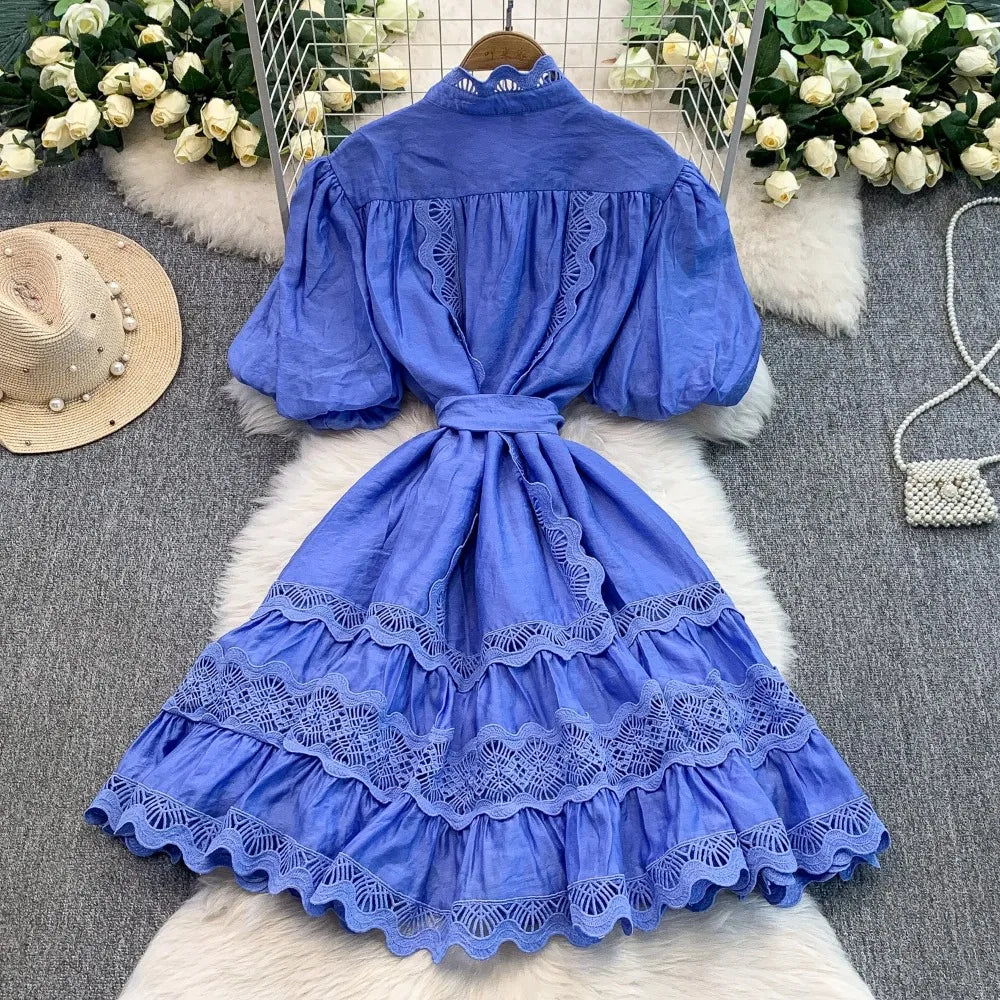 Lace Button Short Sleeve Beach Dress