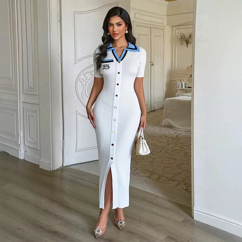 Embroidered Button Slit Knit Maxi Dress