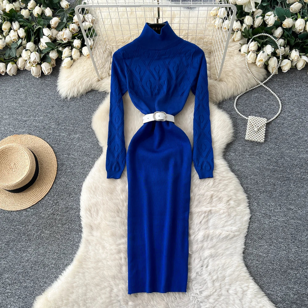 Belted Knit Long Sleeve Pencil Dress