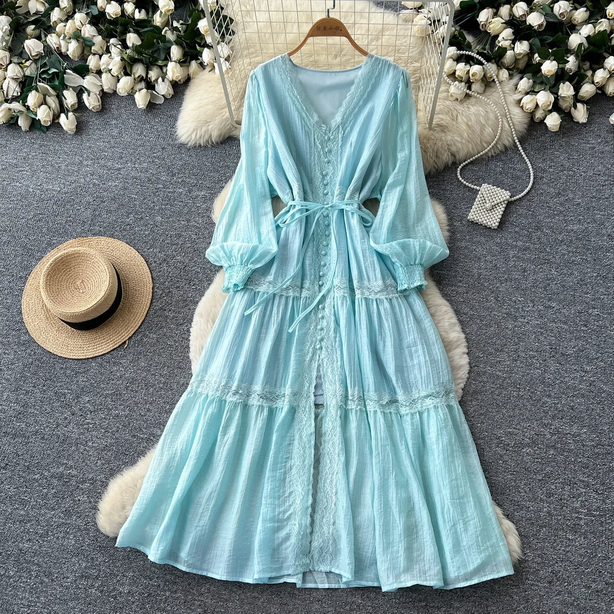 Lace V-Neck High Waist A-Line Dress