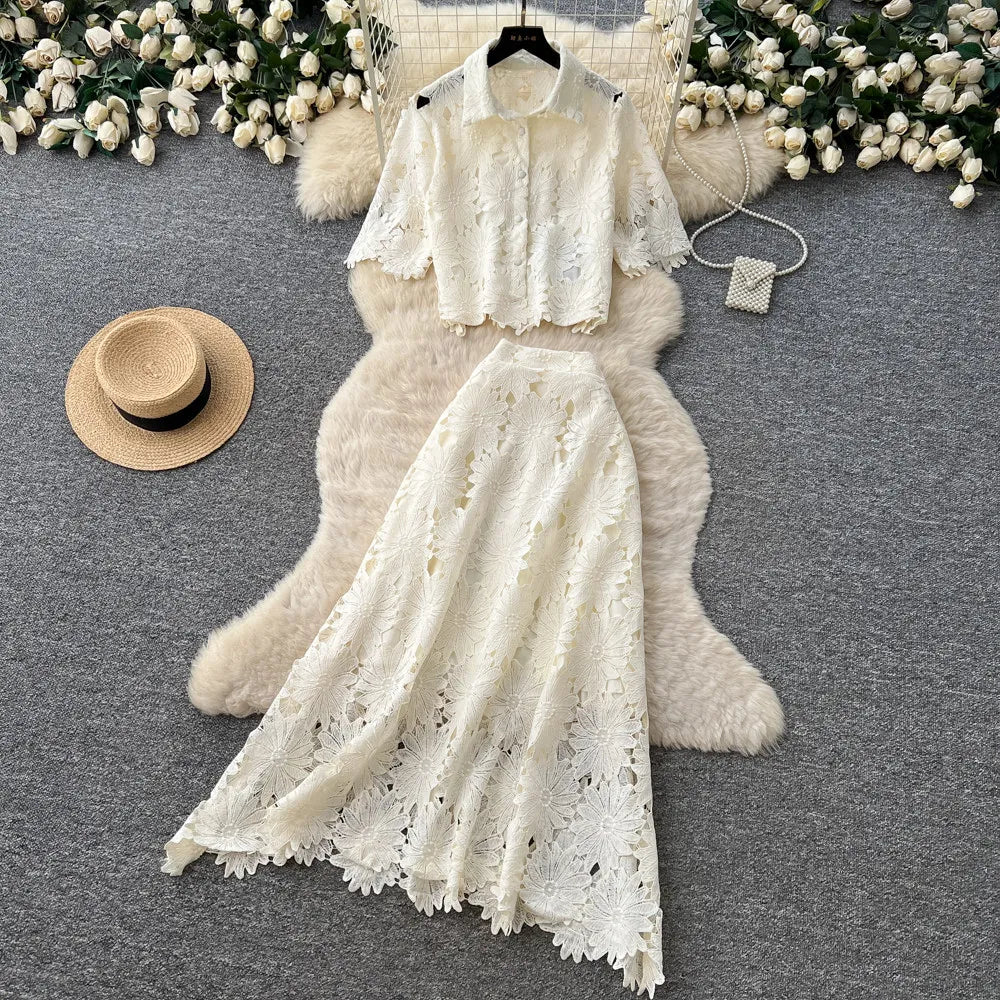 Lace Cutout Collared Top and Skirt Set
