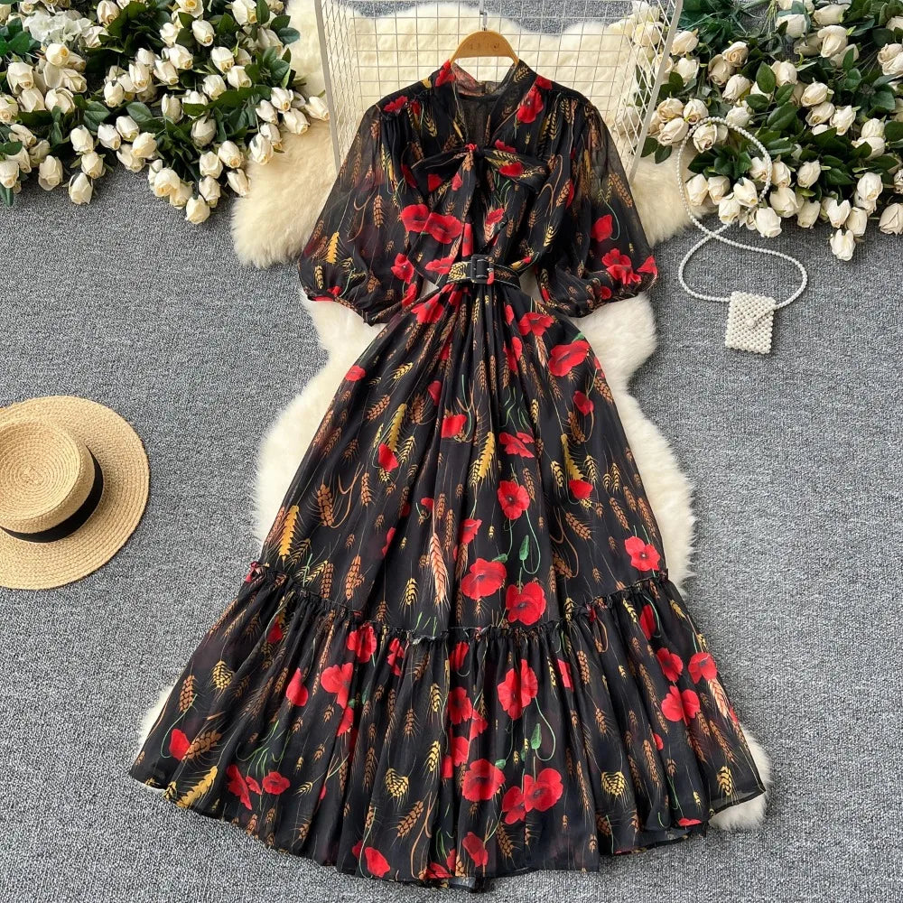 Vintage Print Bow Puff Sleeve Ruffle Dress