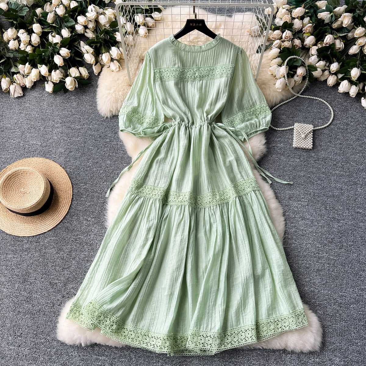 Lace Ruffle Lantern Sleeve Chiffon Dress