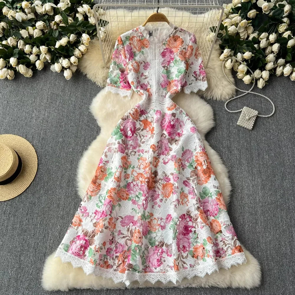 French Lace Patchwork Print Maxi Dress