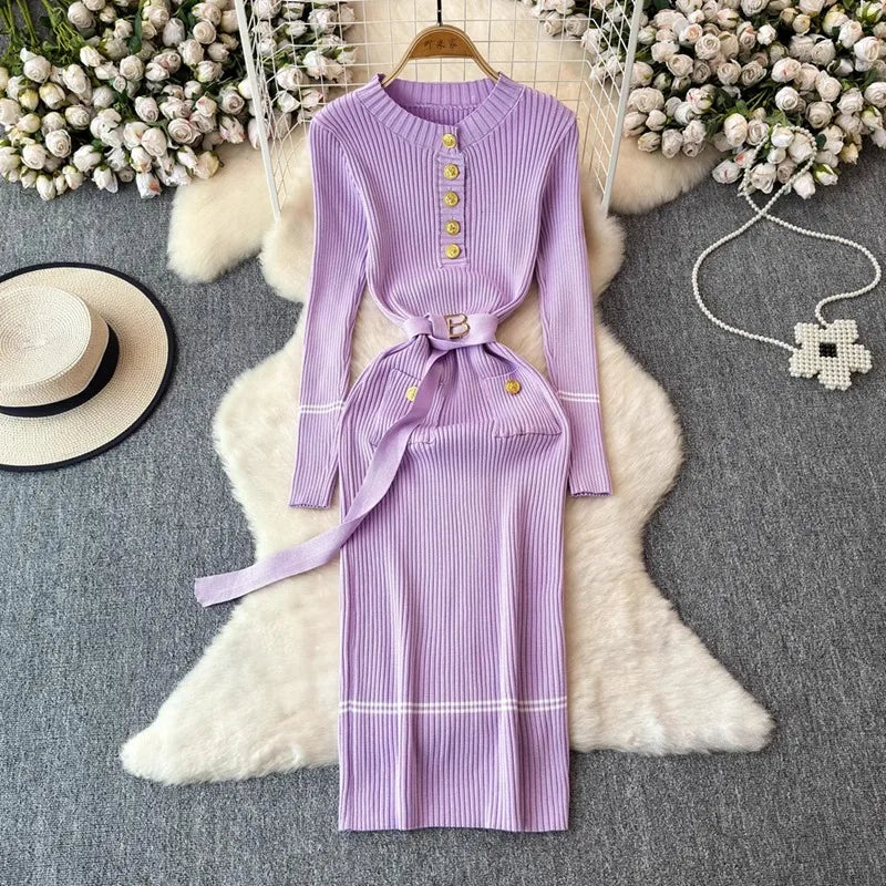 Belted Knit Bodycon Maxi Sweater Dress
