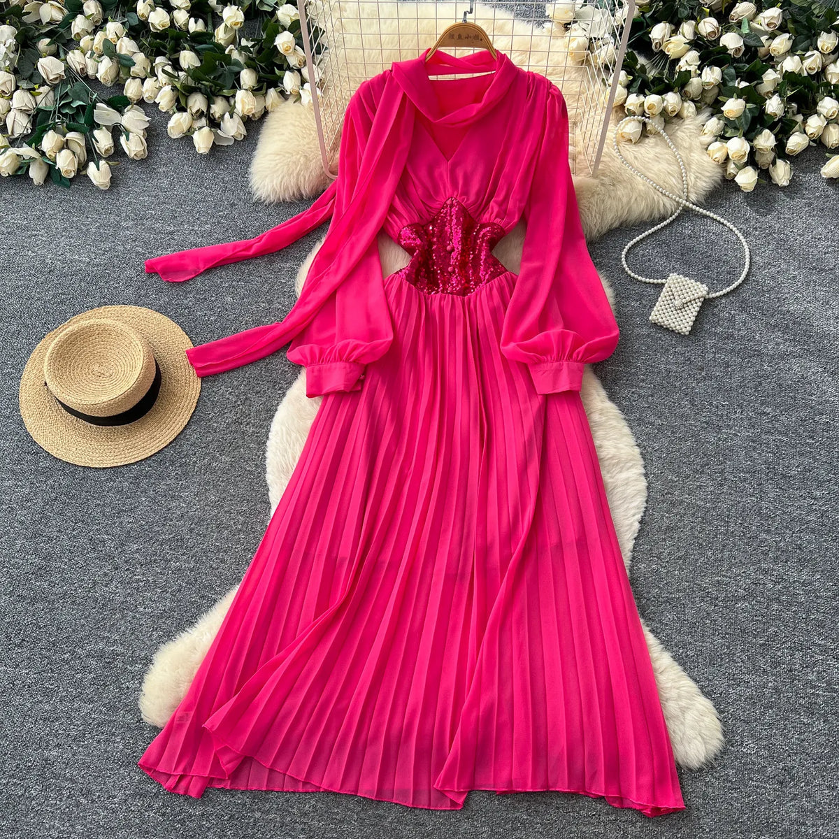 Ribbon Puff Sleeve A-Line Maxi Dress