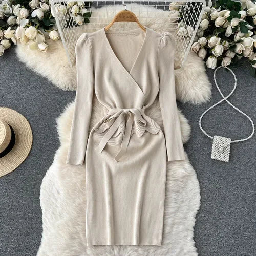 Lace-Up V-Neck Knit Bodycon Dress