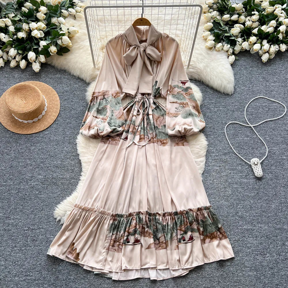 Print Lace-Up Puff Sleeve Maxi Dress
