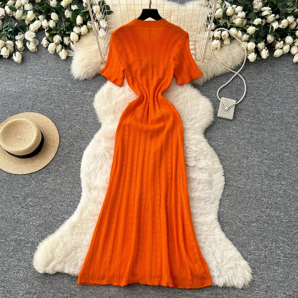 Button Split Knit A-Line Maxi Dress