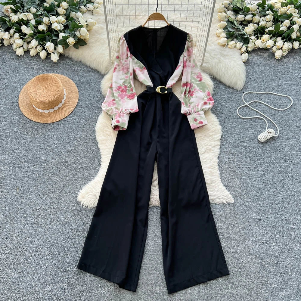 Print V-Neck Belted Wide Leg Jumpsuit