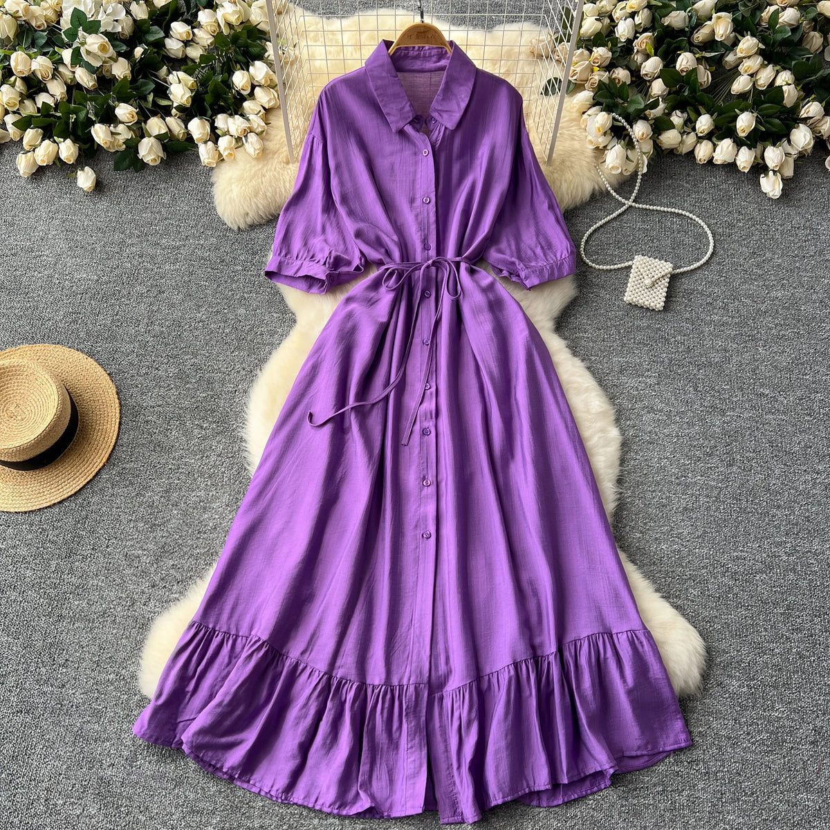 Collared Ruffle Button Front Dress