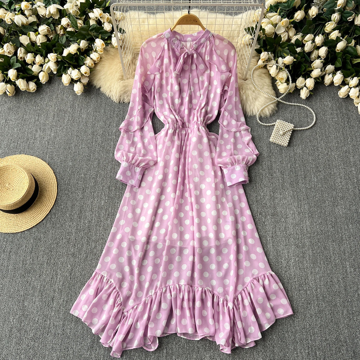 Polka Dot Chiffon Puff Sleeve A-Line Dress