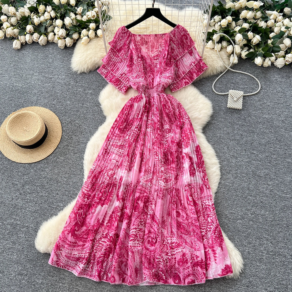 Ruched Print Short Sleeve Beach Dress
