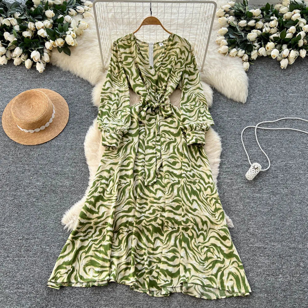 Print Long Sleeve V-Neck Party Dress