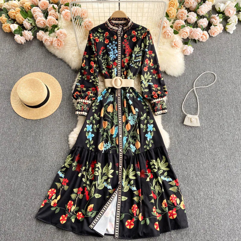 French Floral Puff Sleeve Button Dress