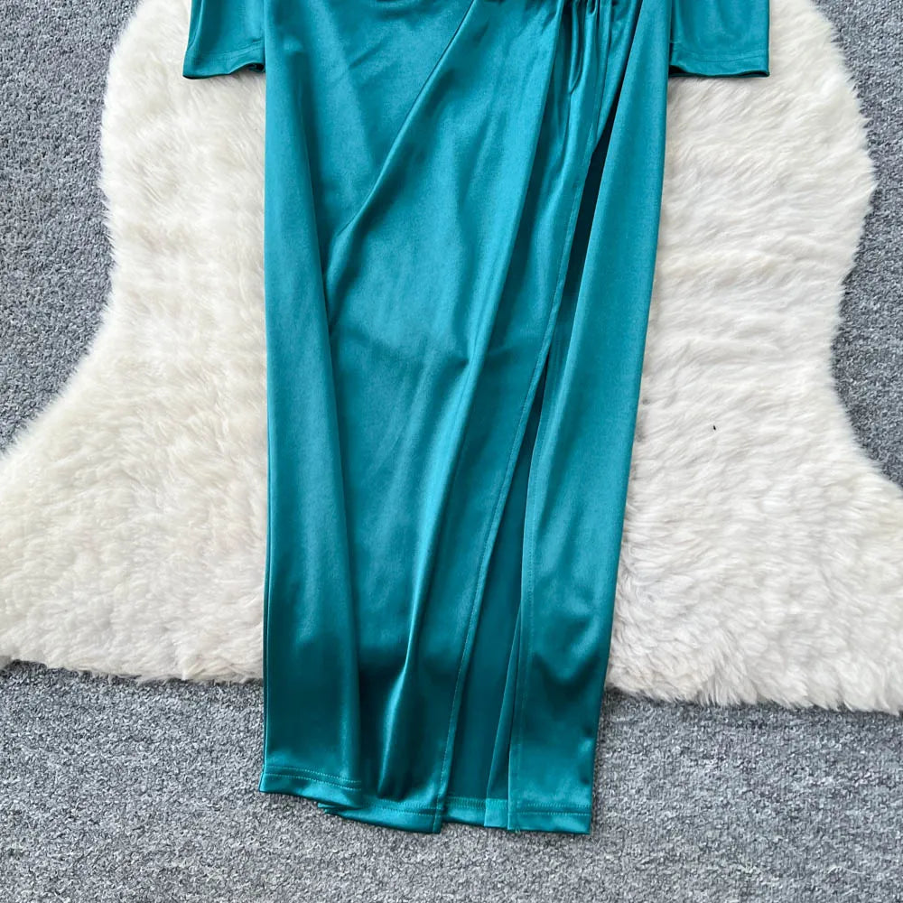 Satin V-Neck Long Sleeve Pencil Dress