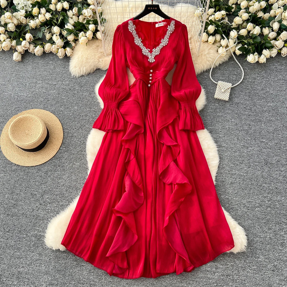 Lace Rhinestone Ruffle V-Neck A-Line Dress