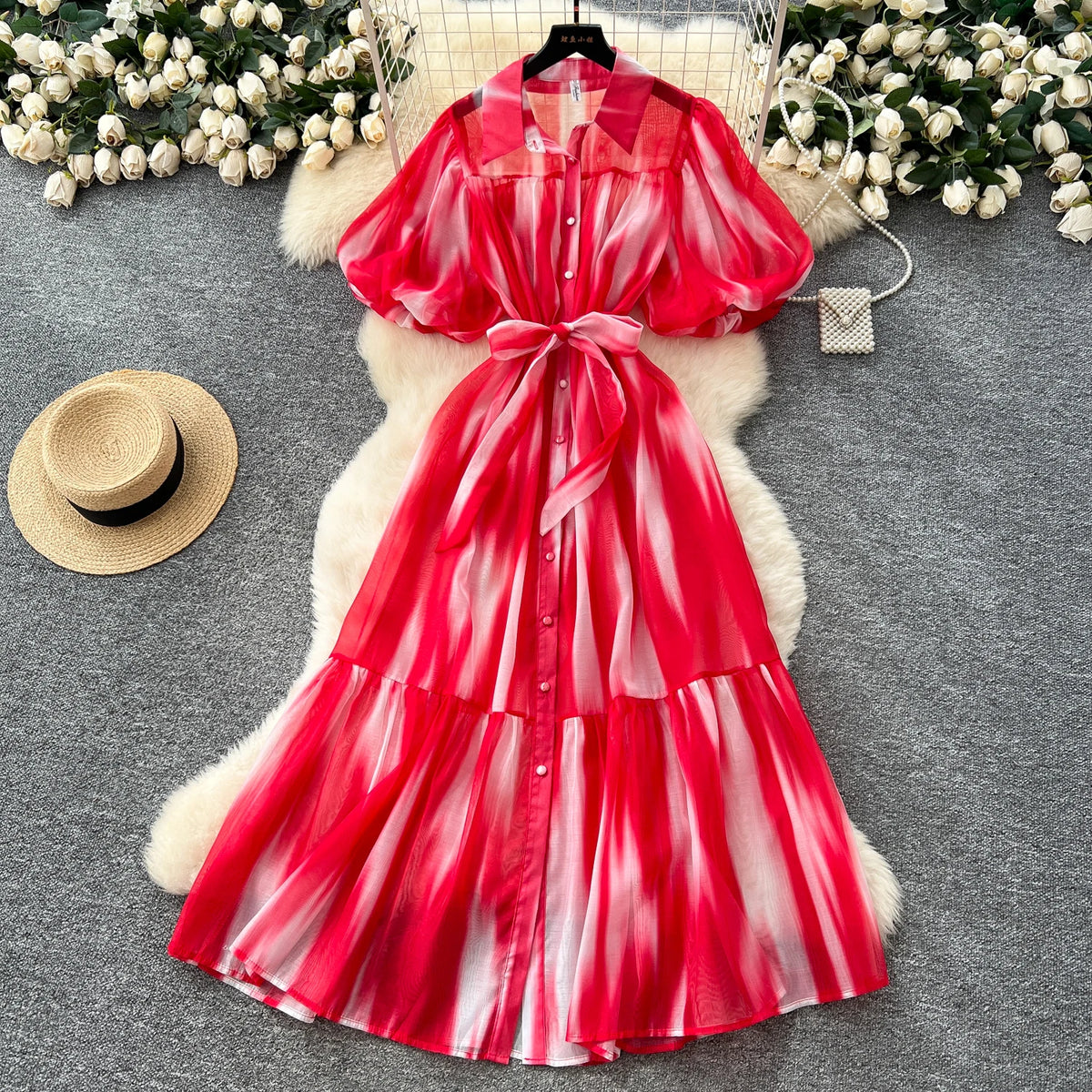Boho Print Puff Sleeve Button Sundress