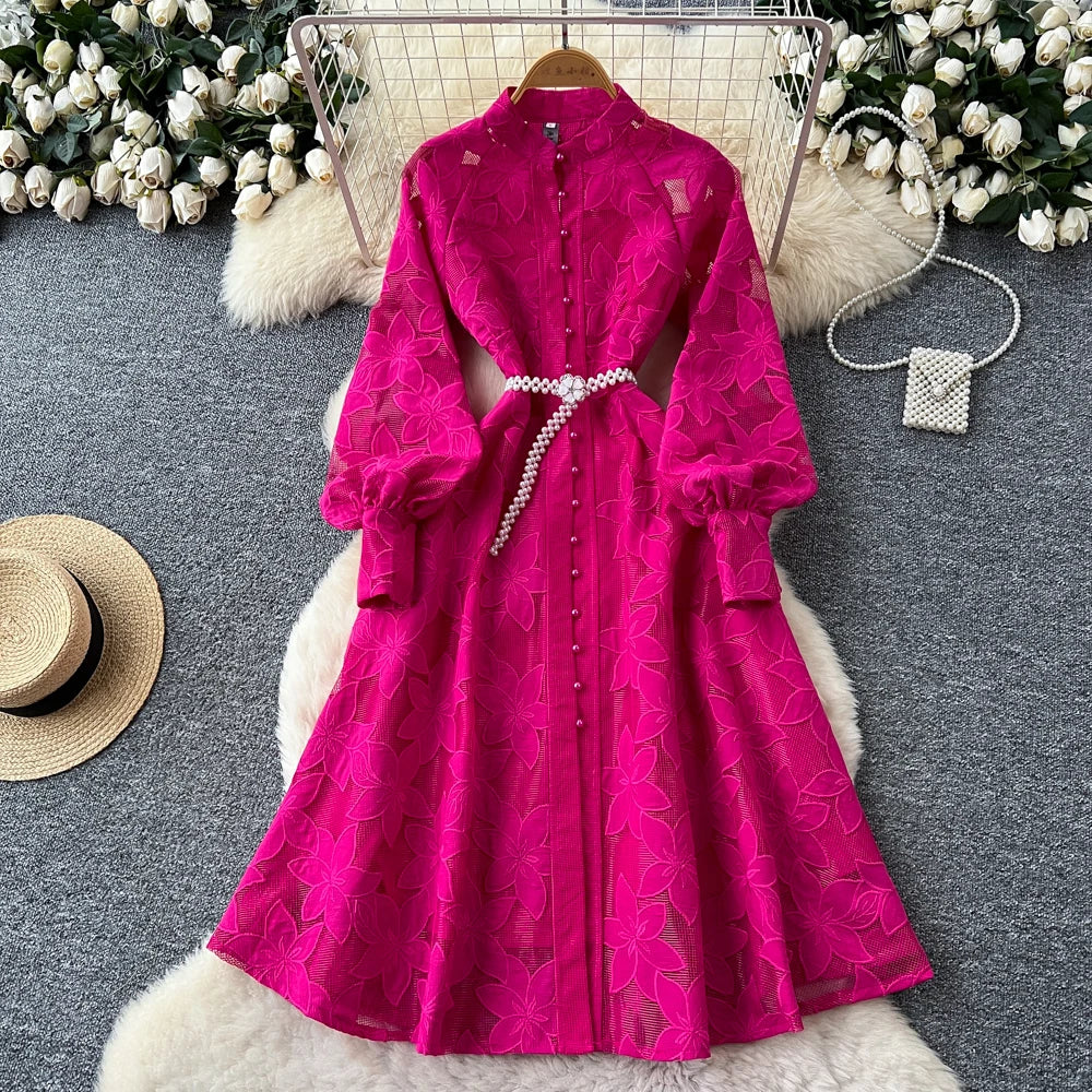 Hollow Out Button Crew Neck Long Sleeve Dress