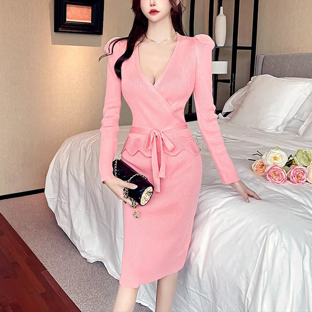 Lace-Up V-Neck Knit Bodycon Dress