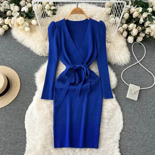 Lace-Up V-Neck Knit Bodycon Dress