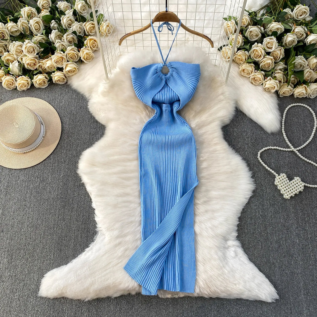 Halter Split Knit Bodycon Maxi Dress