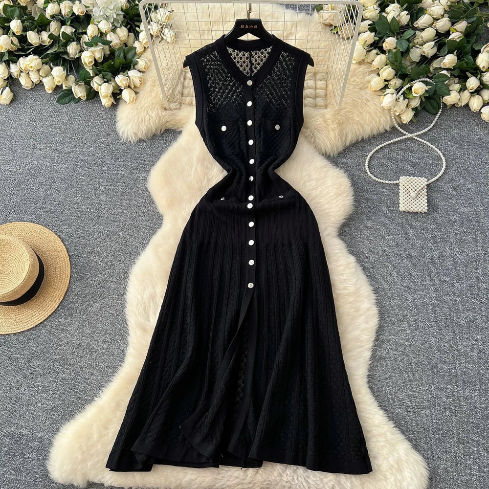 Button Front Knit Maxi Shirt Dress With Pockets