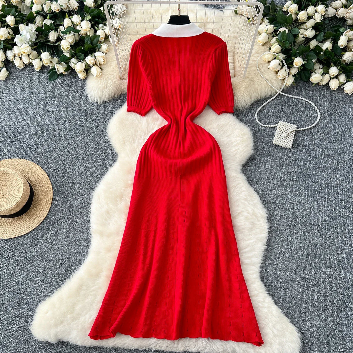 Patchwork Knit Collared Button Front Dress
