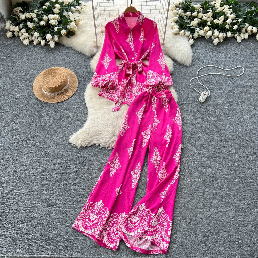 Polo Neck Top and Wide Leg Pants Set
