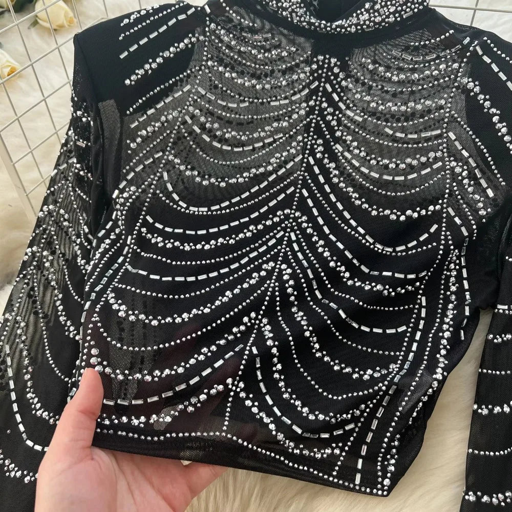 Rhinestone Mesh Crop Top and Skirt Set