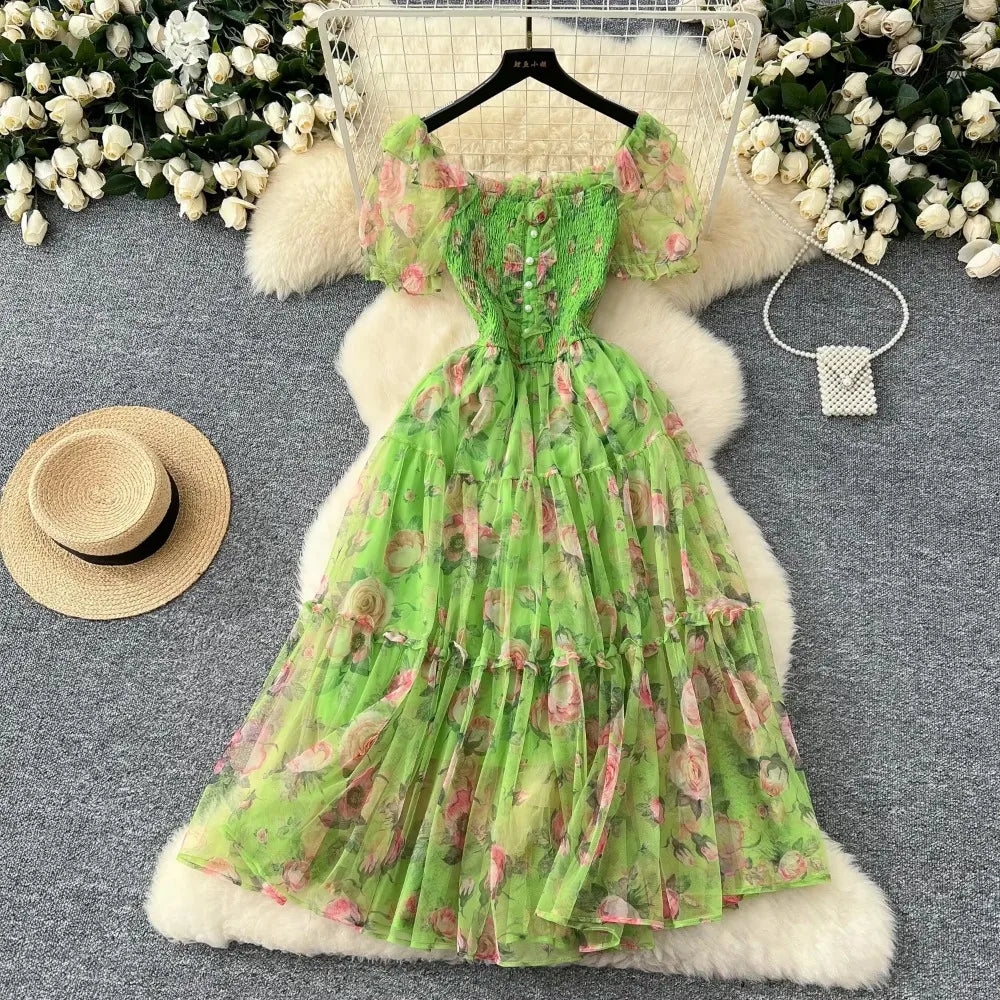 Print Chiffon Puff Sleeve Slash Neck Dress
