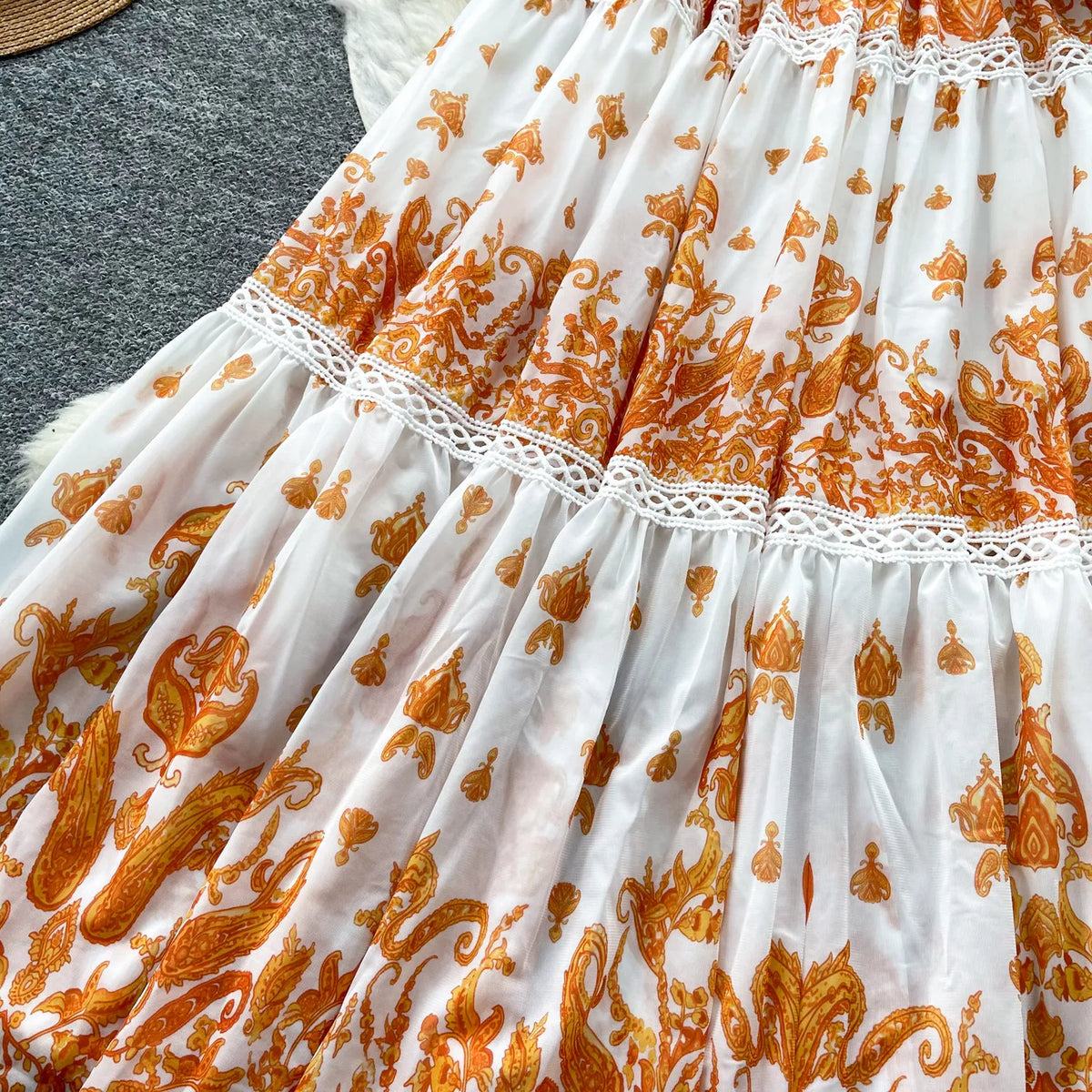 Print Cutout Pleated Swing Maxi Dress